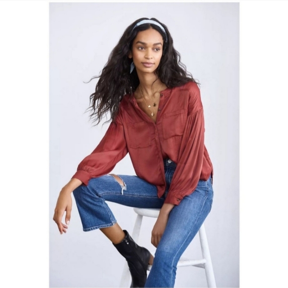 Anthropologie Darrah Western Sophisticated Rust Satin Pleated Button Down Top - Picture 12 of 12
